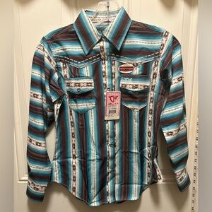 Cowgirl Hardware Girls M 7/8 Western Striped Button Down Shirt - Teal and Brown